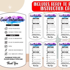 May include: Six printable care instruction cards with a watercolor background. The cards include instructions for hand washing, handling with care, and avoiding the use of a microwave, dishwasher, and abrasive sponges. The cards also state "Handmade with love, please handle with care" and "Thank you".