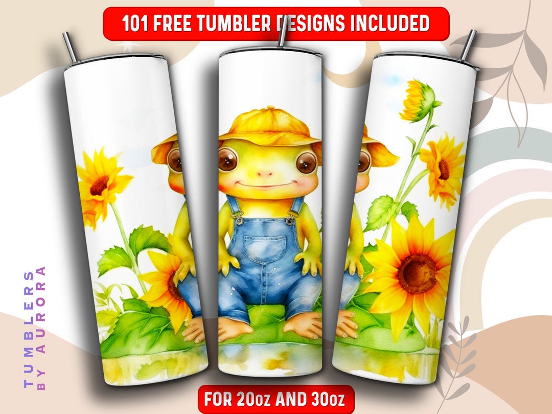 Cute Frog Tumbler Wrap PNG, Watercolor Sunflower Animal 20 Oz Skinny ...