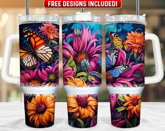Girassol Borboleta 40 onças Tumbler Wrap PNG Design, Girassol 40 onças Quencher Tumbler Sublimation Wrap, 40 onças Tumbler PNG, Download instantâneo