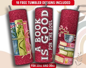 Reading Tumbler Wrap PNG, Book 20 oz Skinny Tumbler Sublimation Design, Instant Download (+101 free Designs)