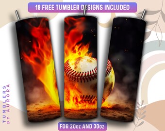 May include: A baseball engulfed in flames, with smoke and embers rising from the ground. The baseball is on a dark background with a slight orange glow. This design is for 20oz and 30oz tumblers.