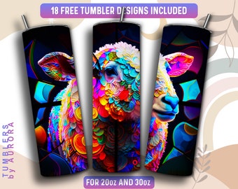 Stained Glass Sheep Tumbler Wrap PNG, Sheep 20 oz Skinny Tumbler Sublimation Design, Instant Download (+101 free Designs)