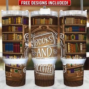 Books and Coffee 40oz Tumbler Wrap PNG Design, Reading 40oz Quencher Tumbler Sublimation Wrap, 40 oz Tumbler PNG, Instant Download