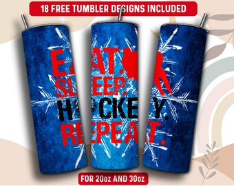 Könnte beinhalten: Drei blaue und weiße Becherdesigns mit einem roten Schneeflockenmuster und dem Text "Essen, Schlafen, Hockey, Wiederholen". Die Becher sind für 20oz und 30oz.