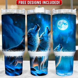 Moon and Wolves 40oz Tumbler Wrap PNG Design, Wolf 40oz Quencher Tumbler Sublimation Wrap, 40 oz Tumbler PNG, Instant Download