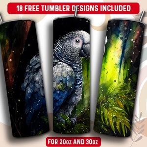 African Grey Parrot Tumbler Wrap PNG, 20 oz Skinny Tumbler Sublimation Design, Instant Download (+101 free Designs)