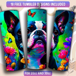 Boston Terrier Tumbler Wrap PNG, Dog 20 oz Skinny Tumbler Sublimation Design, Instant Download (+101 free Designs)