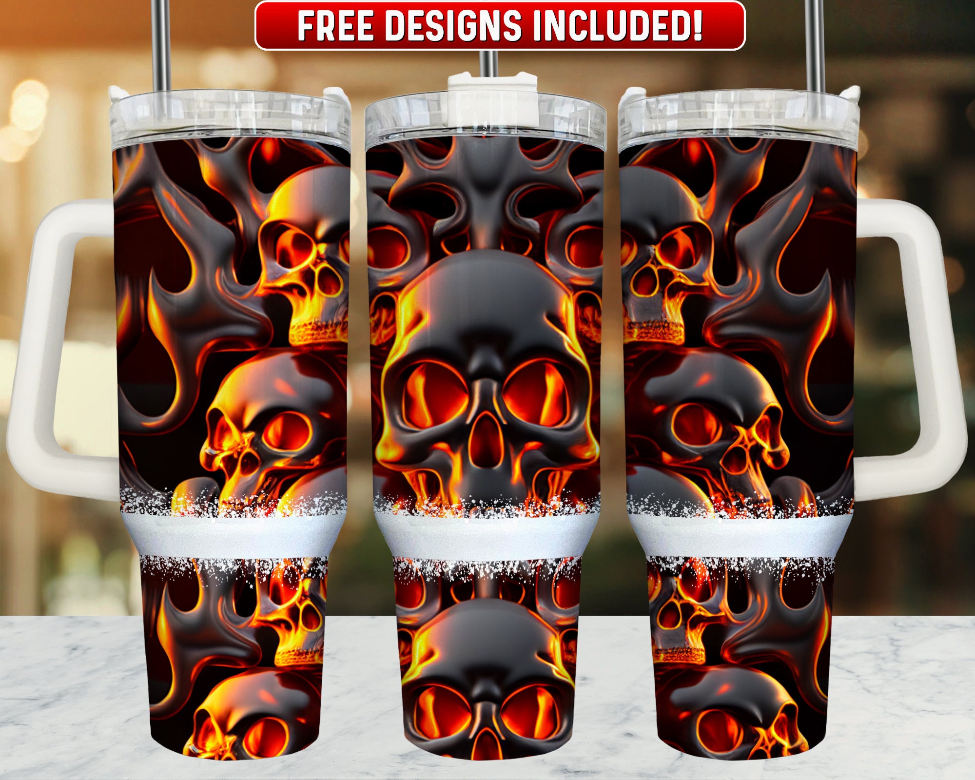 Burning Skull 40oz Tumbler Wrap PNG Design, Burning Skull 40oz Quencher Tumbler Sublimation Wrap, 40 oz Tumbler PNG, Instant Download