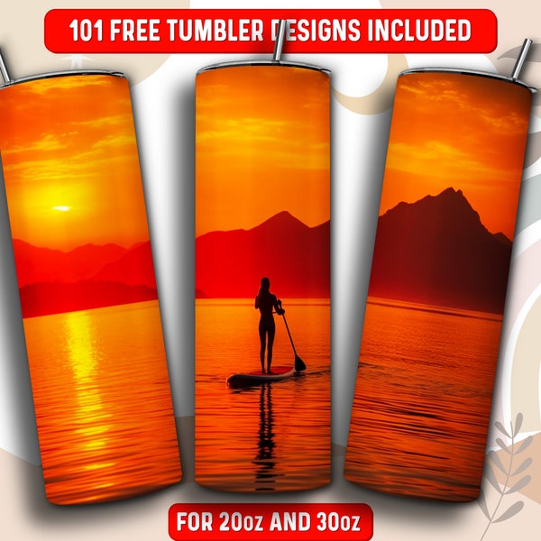 Stand Up Paddle Tumbler Wrap PNG, Beach SUP 20 oz Skinny Tumbler Sublimation Design, Instant Download (+101 free Designs)