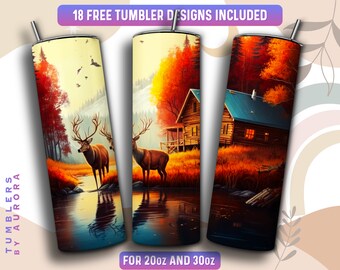 Deer Tumbler Wrap PNG, Fall 20 oz Skinny Tumbler Sublimation Design, Instant Download (+101 free Designs)