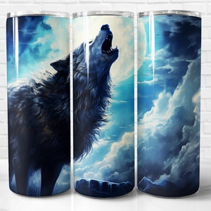 Howling Wolf Tumbler Wrap PNG, Moon Wolf 20 oz Skinny Tumbler Wrap Sublimation Design, Instant Download (+101 free Designs)