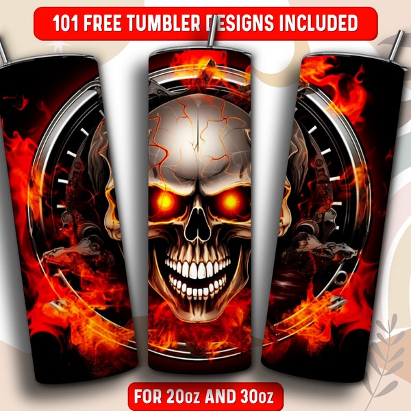 Burning Skull Becher Wrap PNG, Schmelzender Schädel 20 oz Skinny Tumbler Sublimation Design, Sofort Download (+101 kostenlose Designs)