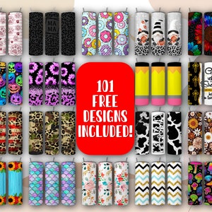May include: A collage of 101 free designs for sublimation tumblers. The designs include various patterns, such as animal prints, floral patterns, and geometric designs. The designs are perfect for creating unique and personalized tumblers.
