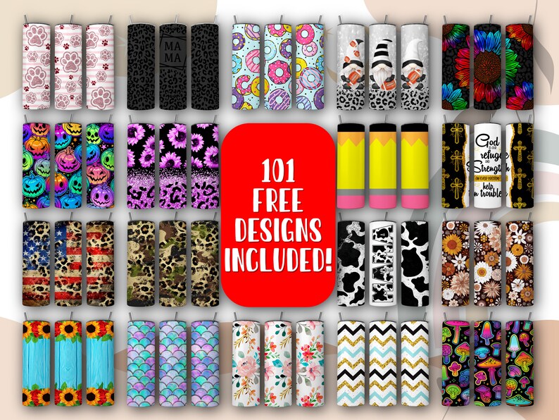 May include: A collage of 101 free designs for sublimation tumblers. The designs include various patterns, such as animal prints, floral patterns, and geometric designs. The designs are perfect for creating unique and personalized tumblers.