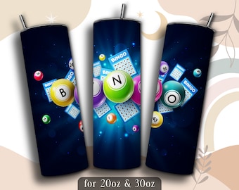 May include: A blue and black tumbler with a bingo theme. The tumbler features colourful bingo balls, bingo cards, and the word "BINGO" in white letters. The tumbler is available in 20oz and 30oz sizes.