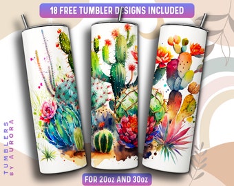Watercolor Cactus Tumbler Wrap PNG, Succulent 20 oz Skinny Tumbler Sublimation Design, Instant Download (+101 free Designs)