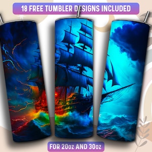 Pirate Ship Tumbler Wrap PNG, Pirate Ship 20 oz Skinny Tumbler Sublimation Design, Instant Download (+101 free Designs)