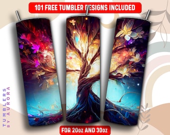 Oilpainting Tree of Life Tumbler Wrap PNG, Tree of Life Yoga 20 oz Skinny Tumbler Sublimation Design, Instant Download (+101 free Designs)