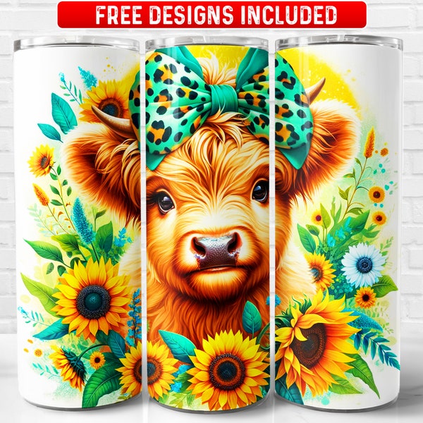 Sunflower Highland Cow PNG, Scottish Highland Cattle 20 oz Skinny Tumbler Sublimation Design, Instant Download (+101 free Designs)