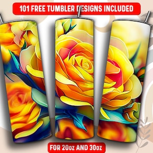Oilpainting Yellow Roses Tumbler Wrap PNG, Yellow Rose Flower Floral 20 oz Skinny Tumbler Sublimation Design, Instant Download