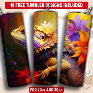 Bearded Dragon Tumbler Wrap PNG, 20 oz Skinny Tumbler Sublimation Design, Instant Download (+101 free Designs)
