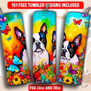 Boston Terrier Tumbler Wrap PNG, Dog owner 20 oz Skinny Tumbler Sublimation Design, Instant Download (+101 free Designs)