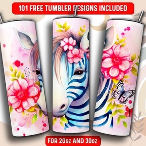 Watercolor Zebra Tumbler Wrap PNG, Zebra 20 oz Skinny Tumbler Sublimation Design, Instant Download (+101 free Designs)