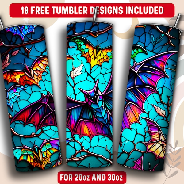 Stained Glass Bat Tumbler Wrap PNG, 20 oz Skinny Tumbler Sublimation Design, Instant Download (+101 free Designs)