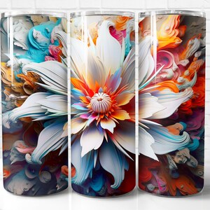 Op de afbeelding: Een roestvrijstalen tumbler met een kleurrijk abstract bloemendesign. De bloem heeft witte bloemblaadjes met blauwe, oranje en roze accenten. De achtergrond is een wervelende mix van kleuren.