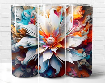 May include: A colorful abstract flower design on a stainless steel tumbler. The flower has white petals with blue, orange, and pink accents. The background is a swirling mix of colors.