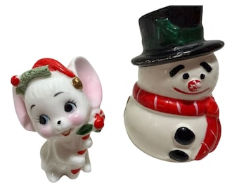 Vintage Ceramic Christmas Snowman & Mouse Miniature Figurines Holiday Decor