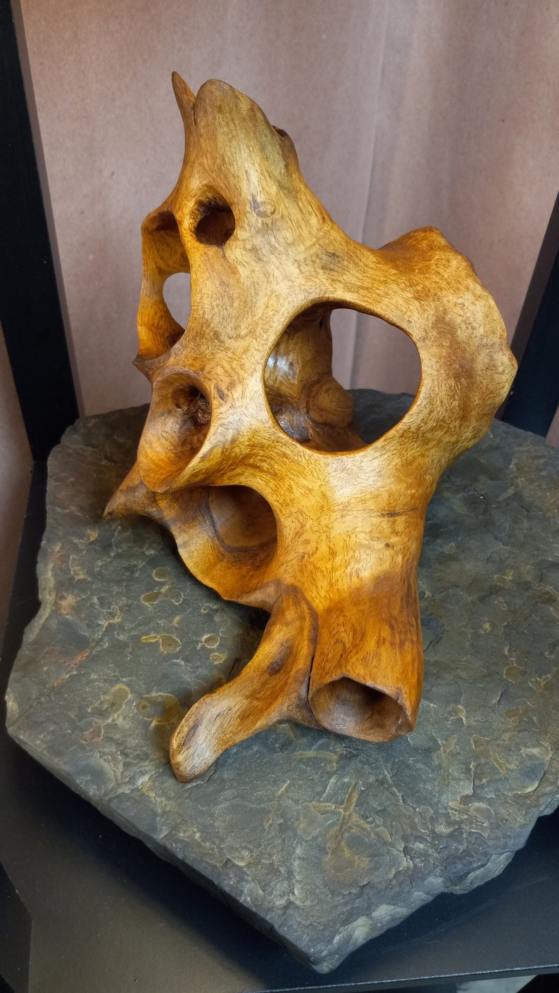 Puede incluir: Una escultura de madera con un dise&ntilde;o abstracto &uacute;nico. La escultura est&aacute; hecha de madera marr&oacute;n claro y tiene una serie de agujeros y curvas. Est&aacute; sentada sobre una base de piedra gris oscuro.