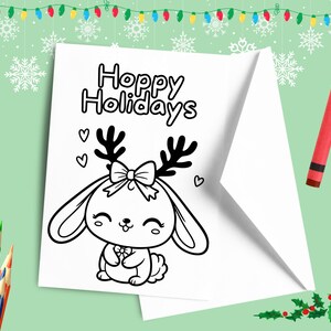 Cute Bunny Hoppy Holidays kleurkaart AFDRUKBAAR, Merry Xmas DIY konijn gewei, Merry Christmas print en kleur je eigen wenskaart