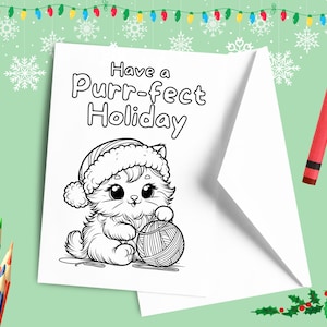 Cute Cat Have a Purrfect Holiday Kleurkaart AFDRUKBAAR, Merry Xmas Kitten DIY-wenskaart, Happy Holiday Color Your Own Kitty cadeau-idee