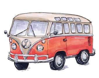 VW Bus Art Print, Orange Volkswagon Campervan Artwork Decor,  Watercolor Style Caravan Hand Drawn RV Ink Sketch Design, Colorful Summer Van