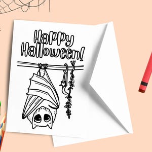 Hängende Fledermaus Happy Halloween Malkarte zum Ausdrucken, gruselige Jahreszeit Farbe Ihre eigene DIY Grußkarte, Fangzahn Herbstfärbung Geschenkidee