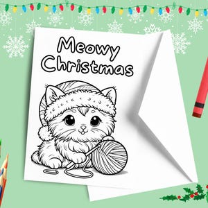 Leuk katje Meowy kerstkleurkaart AFDRUKBAAR, Merry Xmas DIY-wenskaart, Happy Holidays print en kleur je eigen kat cadeau-idee