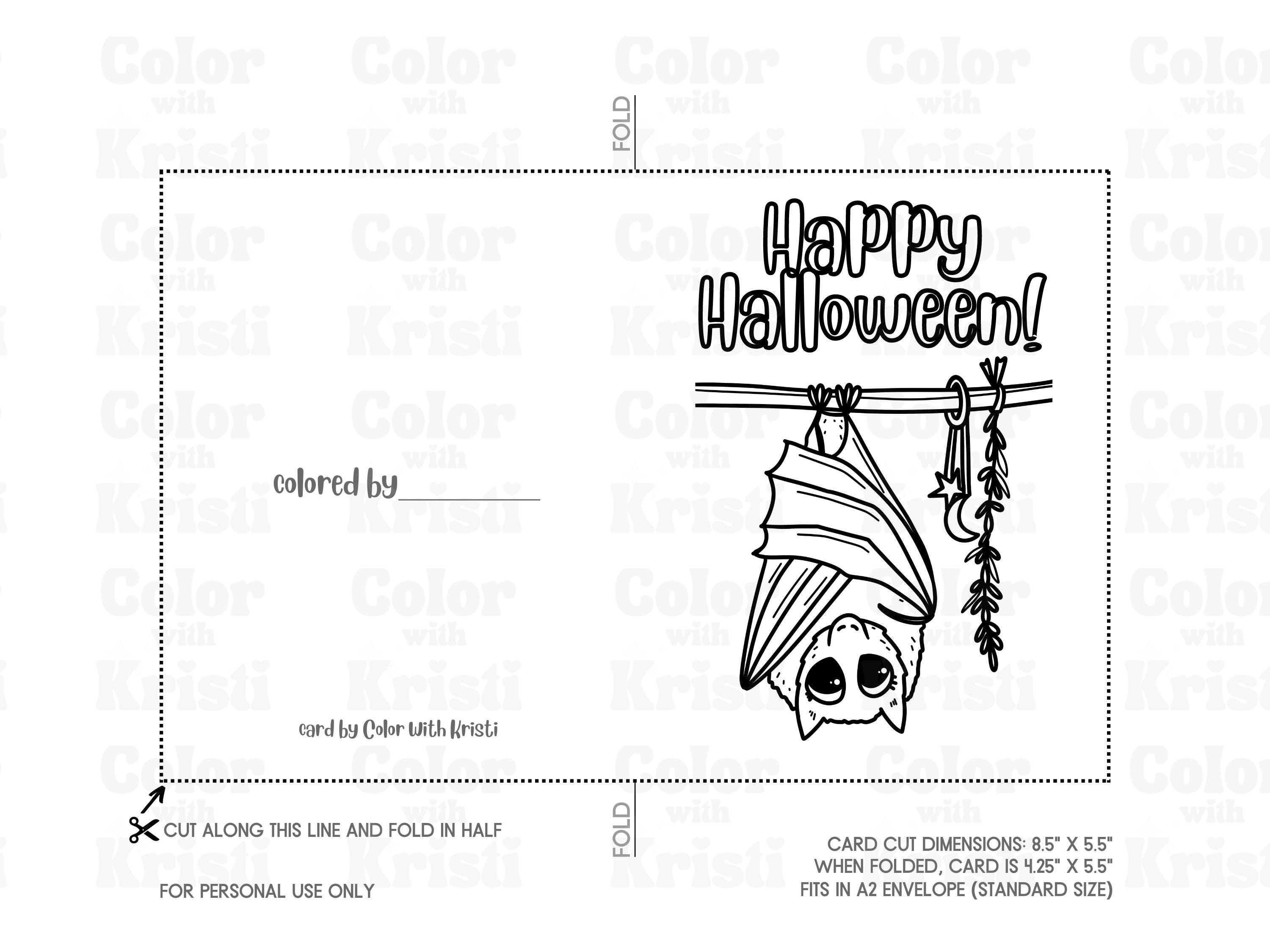 Work Card Fangs Hanging Bat Happy Halloween Coloring Card PRINTABLE, Spooky Season ...