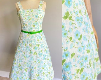 Robe originale en coton à imprimé floral bleu et vert vintage des années 1950 S-M 8