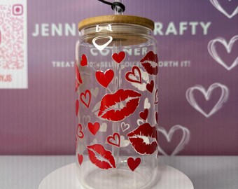 Hearts & Kisses Glass Tumbler with Straw
