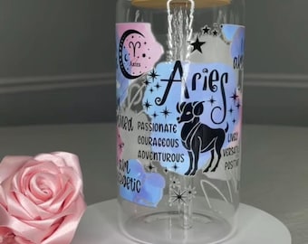 Aries Zodiac Glass Tumbler with Straw