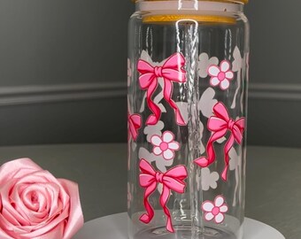 Pink Bows & Flowers Glass Tumbler with Straw