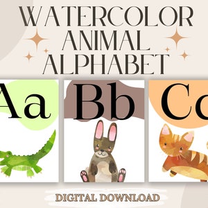 Watercolor Animal Alphabet Posters Digital Download