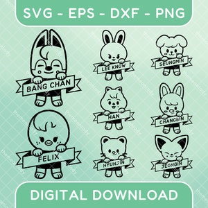 Streunende Kinder SKZOO Kpop Vektordateien | svg, eps, dxf, png | Für Cricut, T-Shirts, Abziehbilder, Tragetaschen, Leuchtstab-Deko, Aufkleber, Laserschneiden