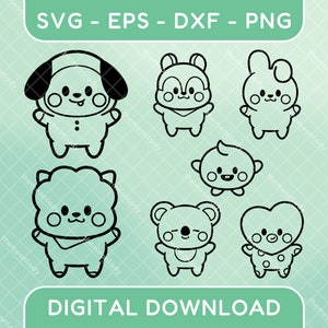 May include: A set of seven black and white line drawings of cute animal characters. The characters include a dog, a squirrel, a bunny, a cloud, a koala, a heart, and a round character with a bow.