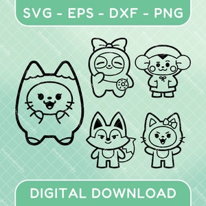 May include: Five black and white line art illustrations of cute cartoon animals wearing costumes. The animals are a cat, a sloth, a monkey, a fox, and a cat. The cat is wearing a costume with a hood, the sloth is wearing a costume with a bow, the monkey is wearing a costume with a hood, the fox is wearing a costume with a tail, and the cat is wearing a costume with a bow.