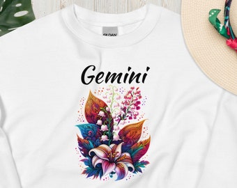 Sudadera única del mes de nacimiento de mayo de Géminis - Regalo personalizado con lirio del valle y flor de espino, patrón de diseño de henna boho