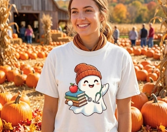Retro Bookish Ghost Comfort Colors Shirt | Cute Halloween Book Lover T-Shirt, Spooky Librarian Tee, Autumn Teacher Reading Club Gift