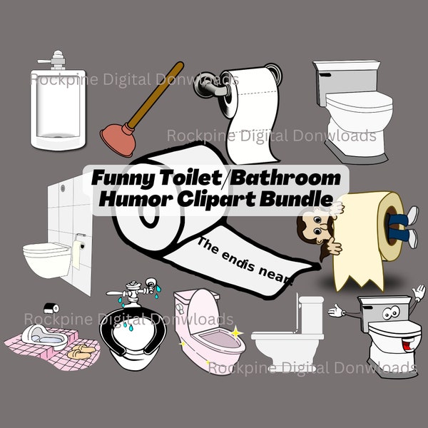 Funny toilet/bathroom humor clipart, SVG PNG, Transparent, Free commercial use, Toilets, Urinals, toilet paper rolls, Bundle, Signs, Plunger