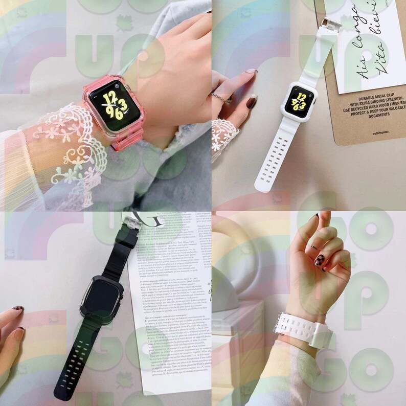 May include: Three different styles of watch bands for an Apple Watch. The first band is clear pink with a black screen, the second is white with a white screen, and the third is black with a black screen.